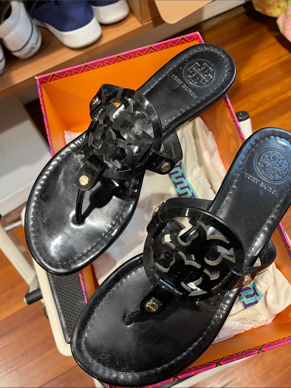 Tory Burch Black Patent Miller Thong Sandals
